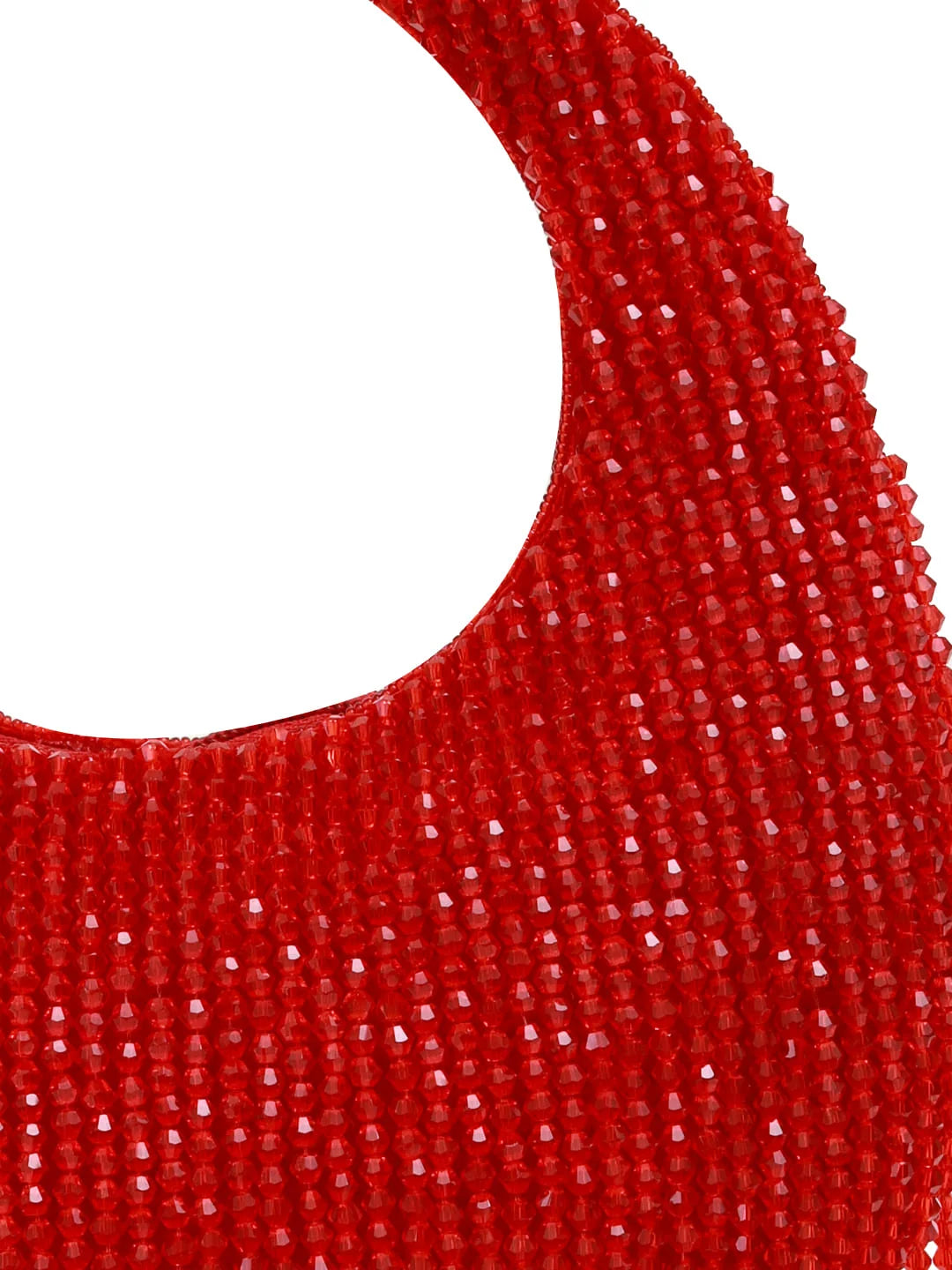 Close-up of a red beaded bag with a white background