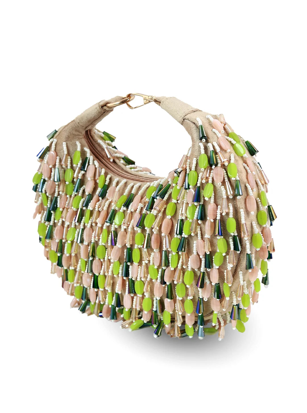 Handbag with green and beige bead detailing on a white background