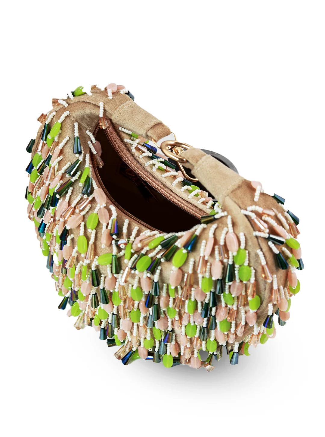 Beaded handbag with green and blue accents on a white background
