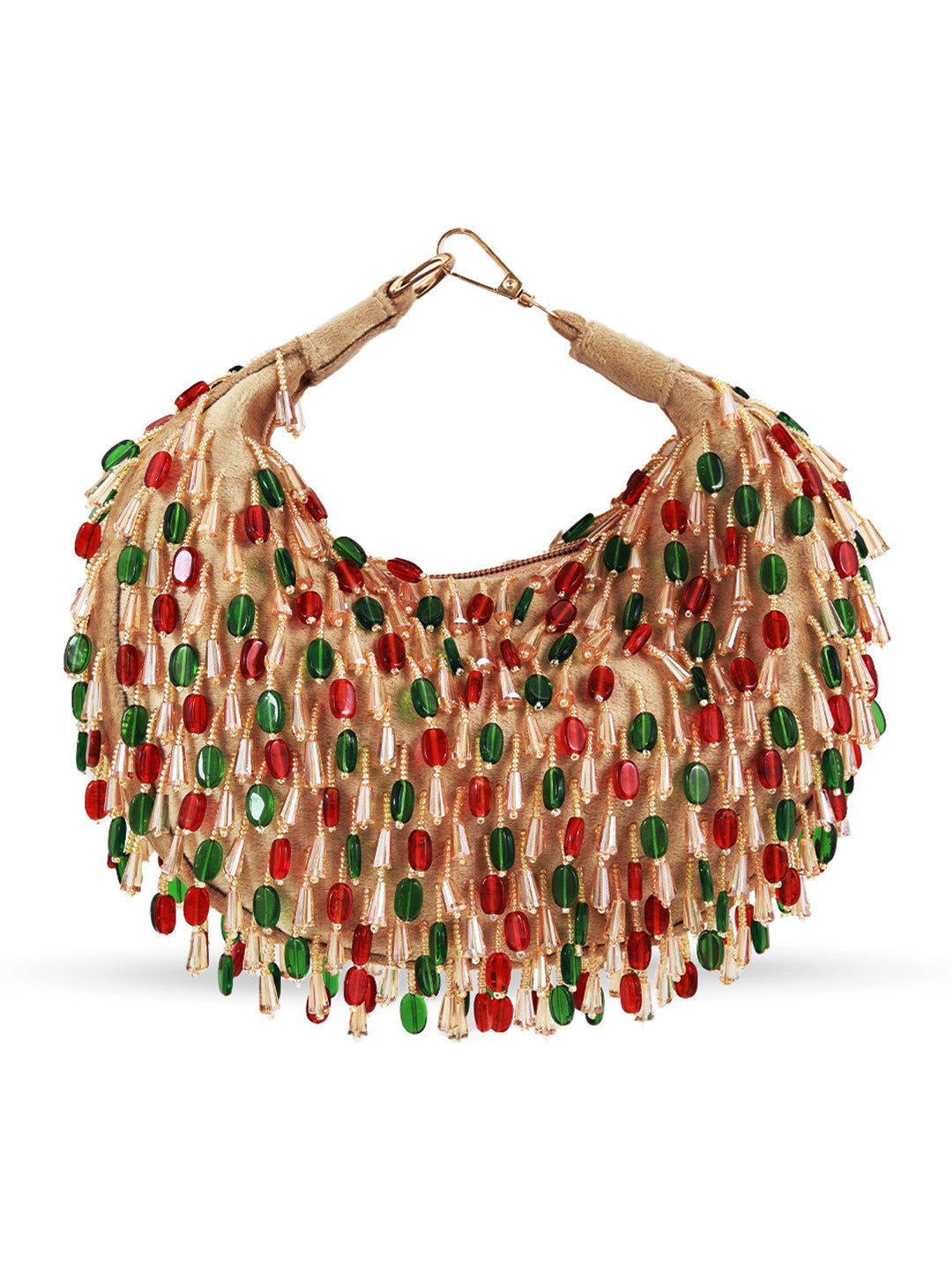 Bella red multicolor half moon Batua bag by The Tan Clan with vibrant design and adjustable strap.