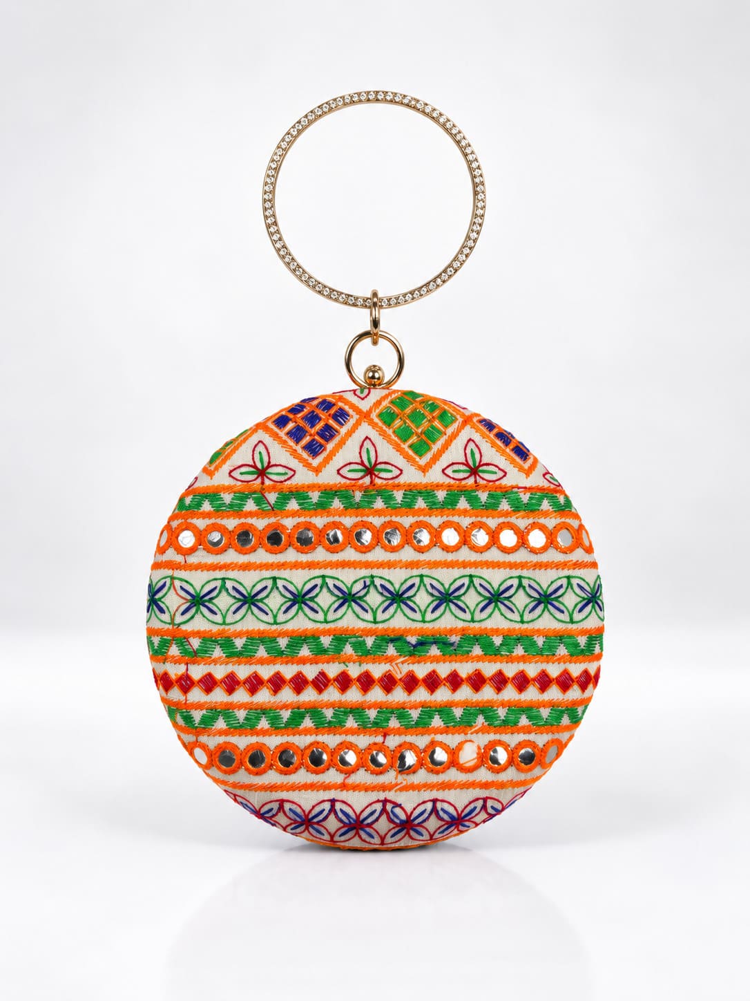 Multicolor round clutch bag by THE TAN CLAN featuring vibrant patterns and a sleek design.