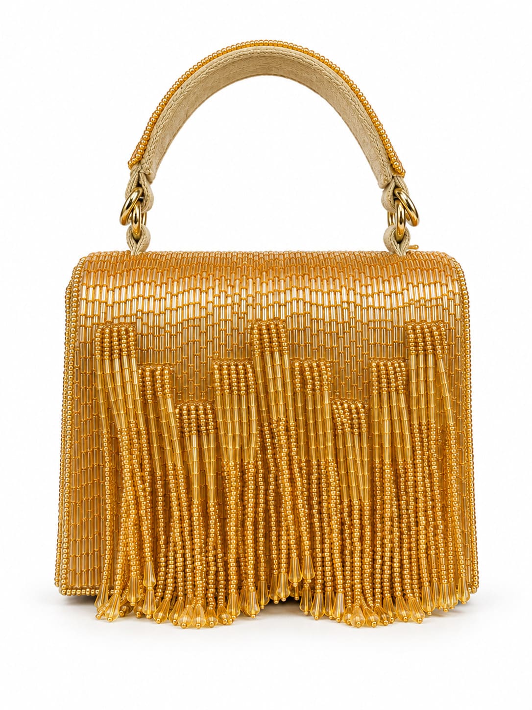 Maria Gold handcrafted beaded tasselled bag by THE TAN CLAN featuring intricate beadwork and a decorative tassel design.