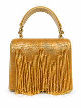 Maria Gold handcrafted beaded tasselled bag by THE TAN CLAN featuring intricate beadwork and a decorative tassel design.