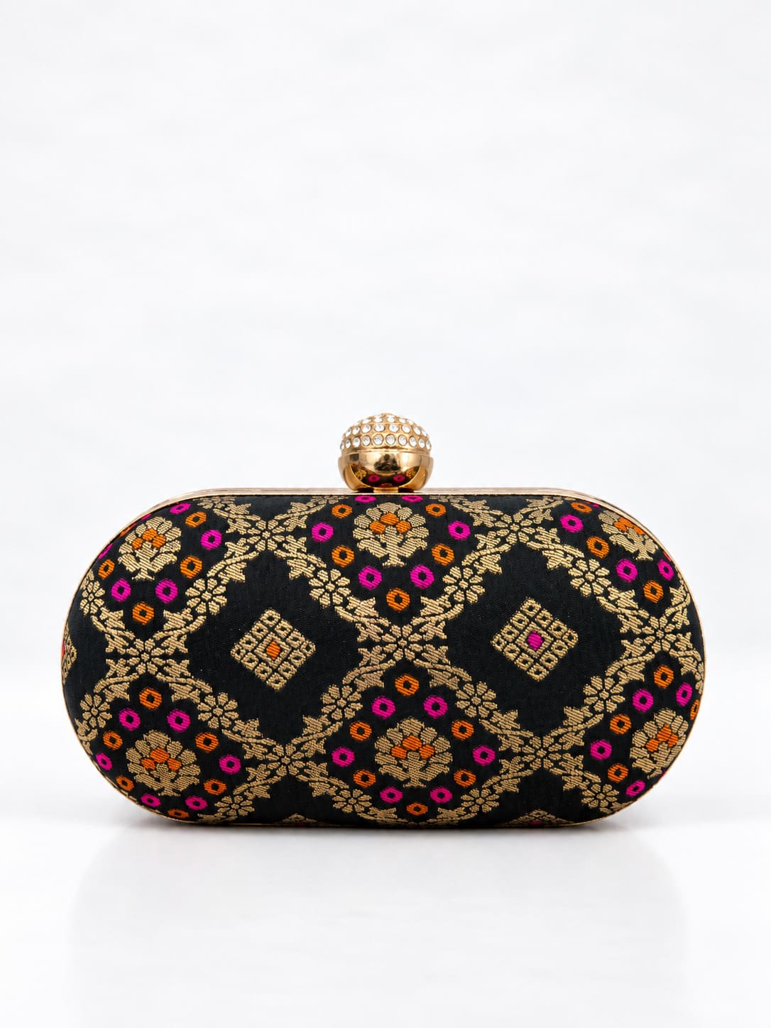 Black oval clutch bag from THE TAN CLAN with a sleek design and smooth leather finish.
