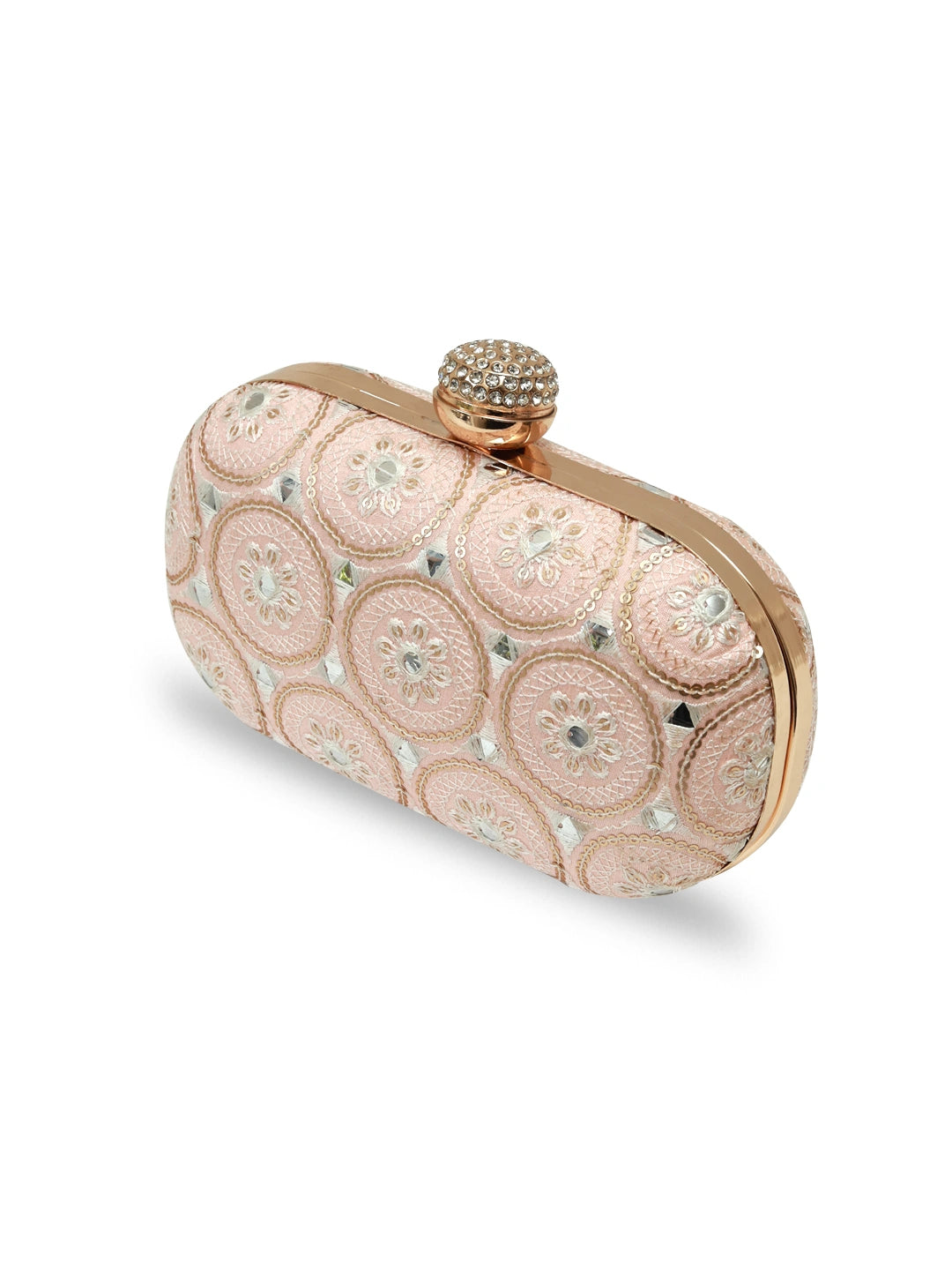Inaara Peach Oval Clutch from The Tan Clan with gold clasp and smooth leather finish, stylish accessory for evening wear.