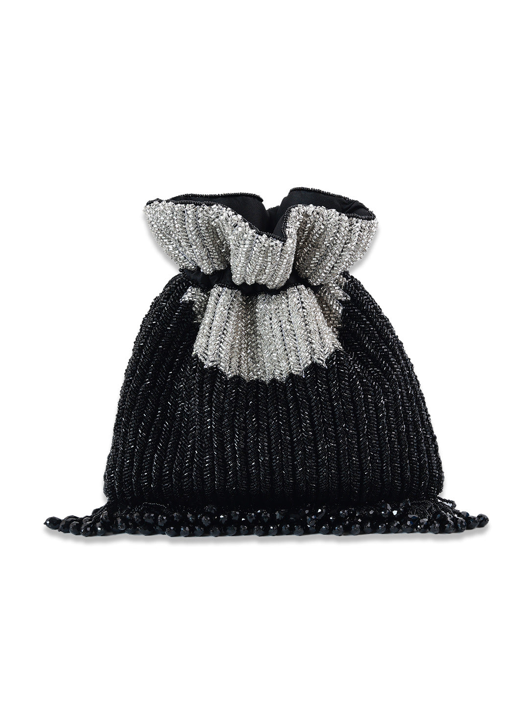 Aarna black potli bag by The Tan Clan with intricate embroidery, drawstring closure, and traditional Indian design.