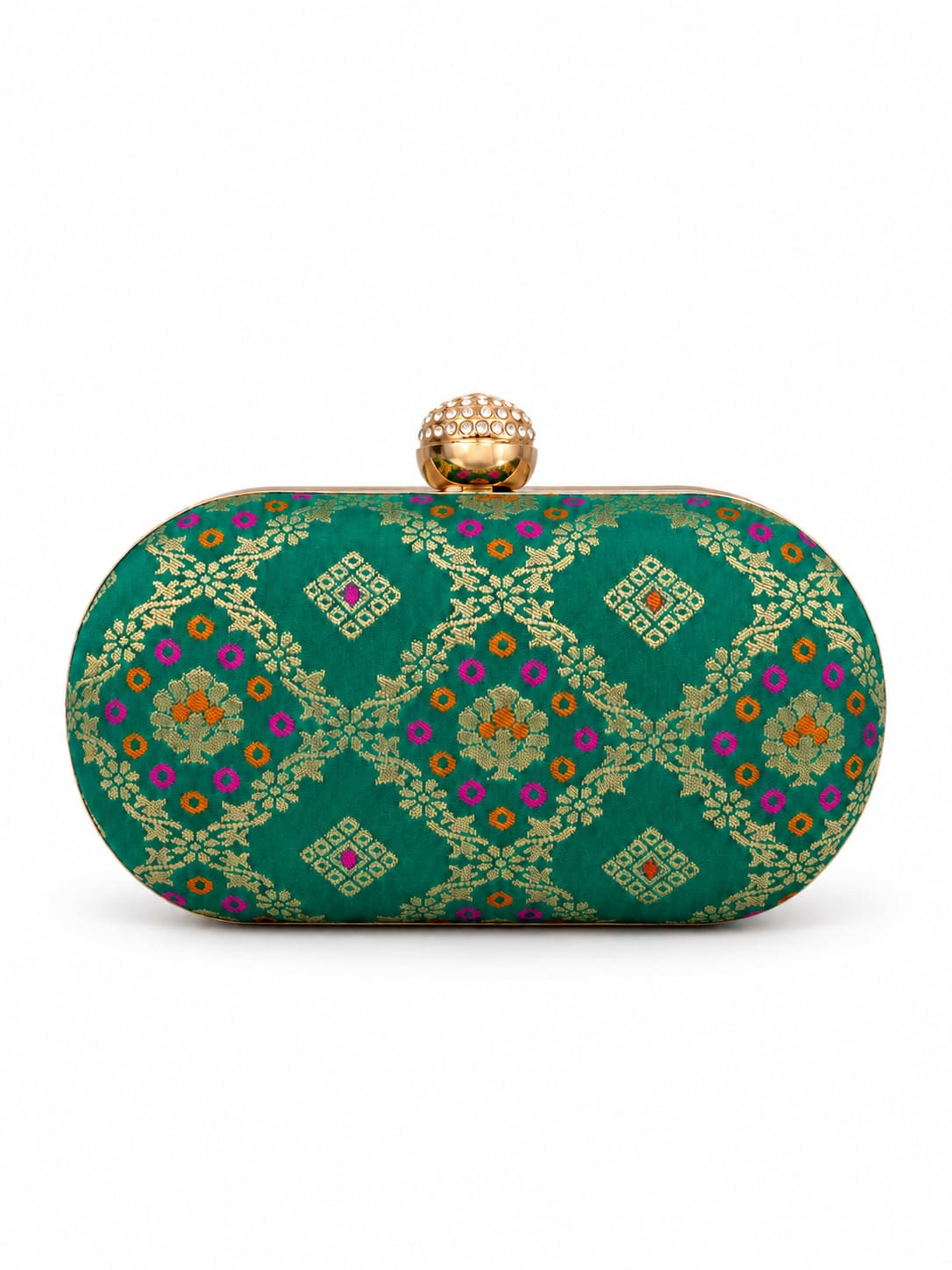 Light green oval clutch by THE TAN CLAN, featuring a textured surface and sleek design, perfect for stylish outings.