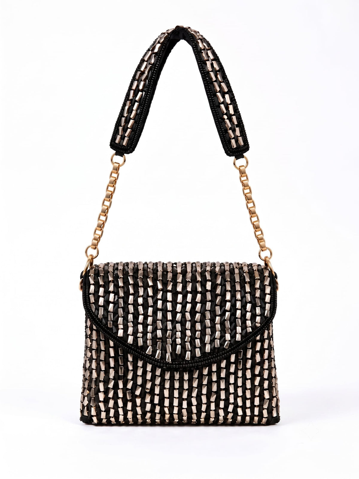 Anaya Black Envelope Bag by THE TAN CLAN featuring sleek design with a flap closure and minimalist style.