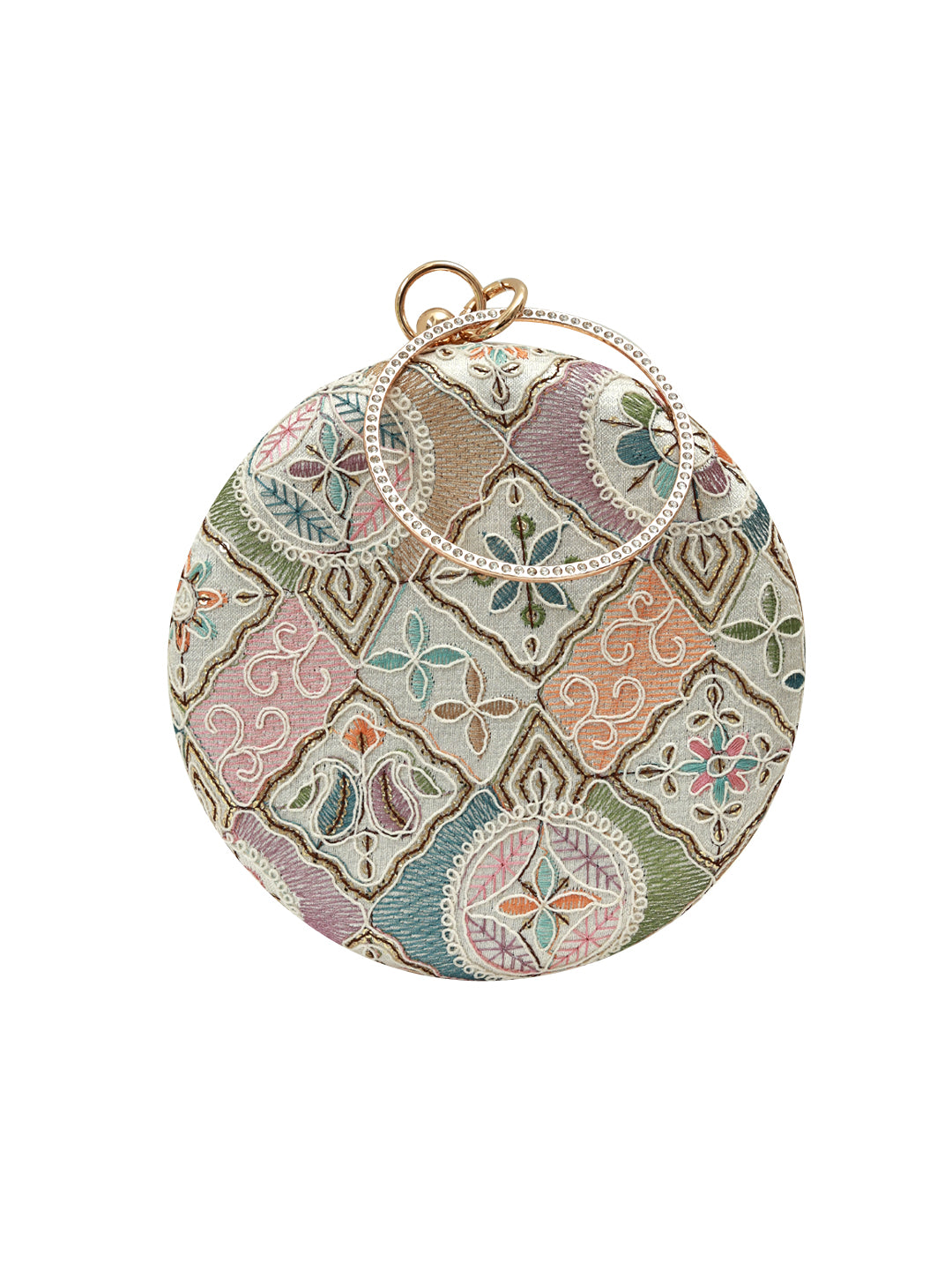 Mughal Round Clutch by The Tan Clan featuring intricate traditional embroidery and a rounded shape, suitable for elegant occasions.