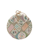 Mughal Round Clutch by The Tan Clan featuring intricate traditional embroidery and a rounded shape, suitable for elegant occasions.