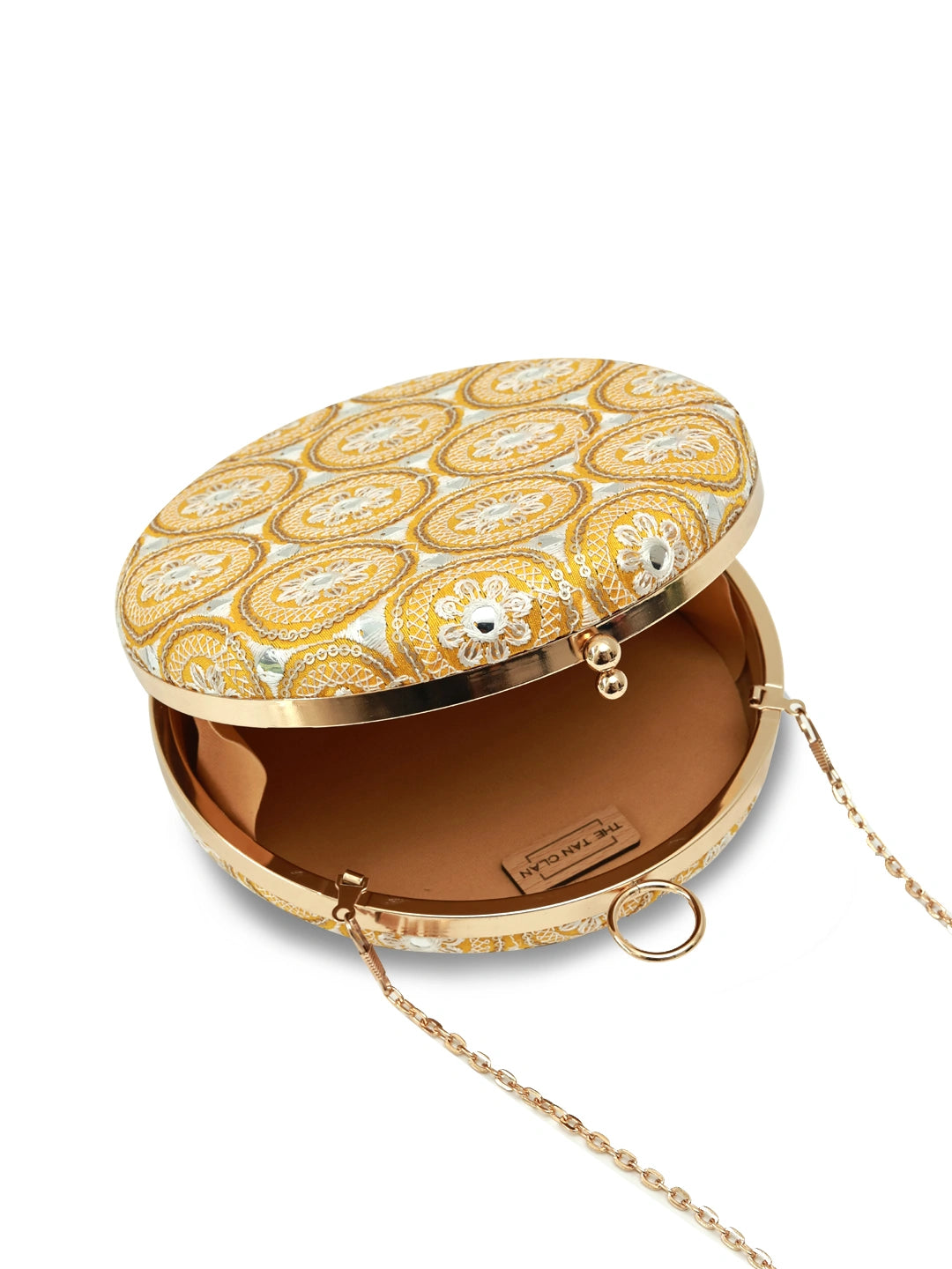 Yellow round clutch bag by The Tan Clan, Inaara style with a sleek design and smooth texture, perfect for stylish events.
