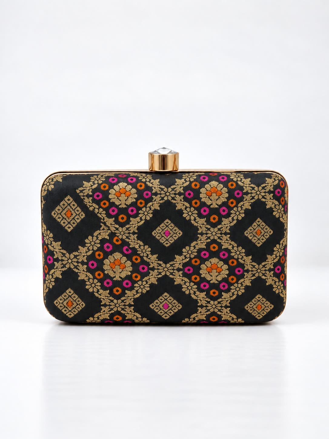 Mahi Black Box Clutch by THE TAN CLAN featuring sleek design and compact size with a matte finish and gold-tone clasp.