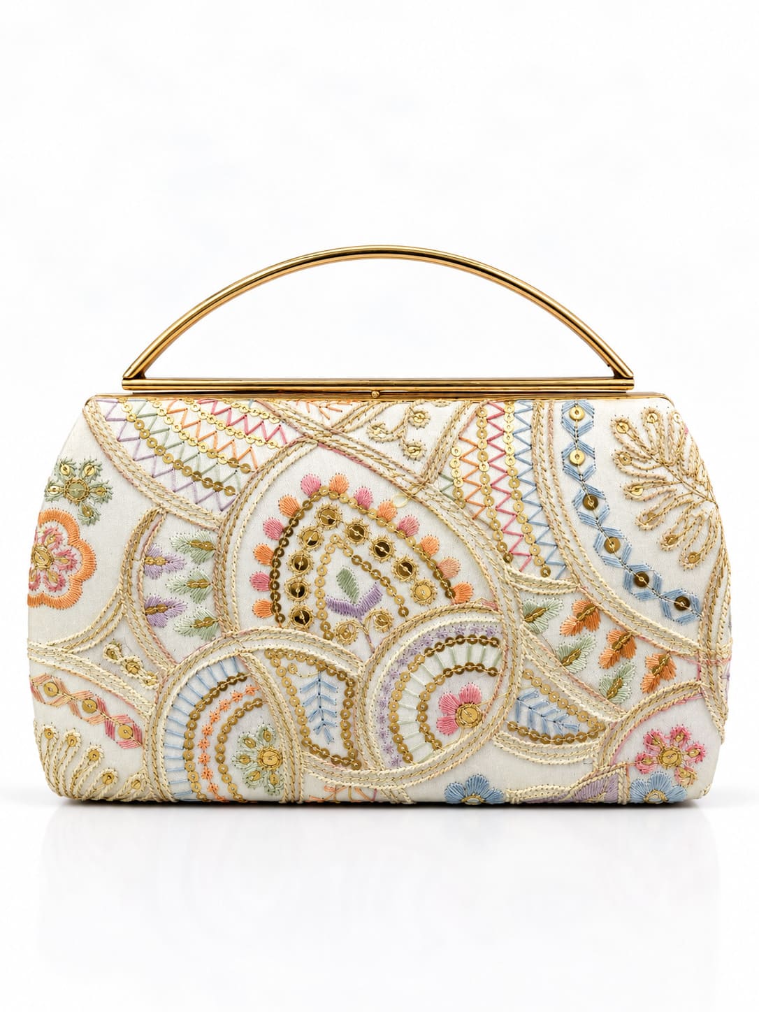 Resham Capsule embroidered clutch bag by THE TAN CLAN featuring intricate embroidery and a sleek design.