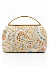 Resham Capsule embroidered clutch bag by THE TAN CLAN featuring intricate embroidery and a sleek design.