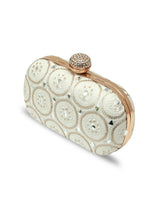 Inaara White Oval Clutch by The Tan Clan, elegant white leather clutch with oval shape and subtle stitching details.