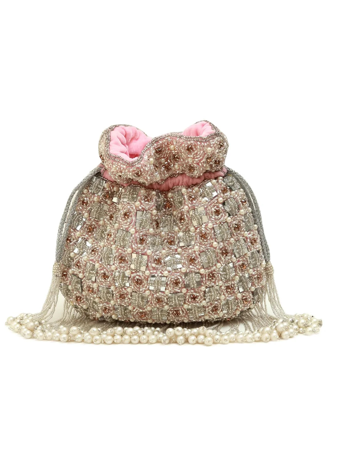 Decorative bag with pink top and beaded body on a white background