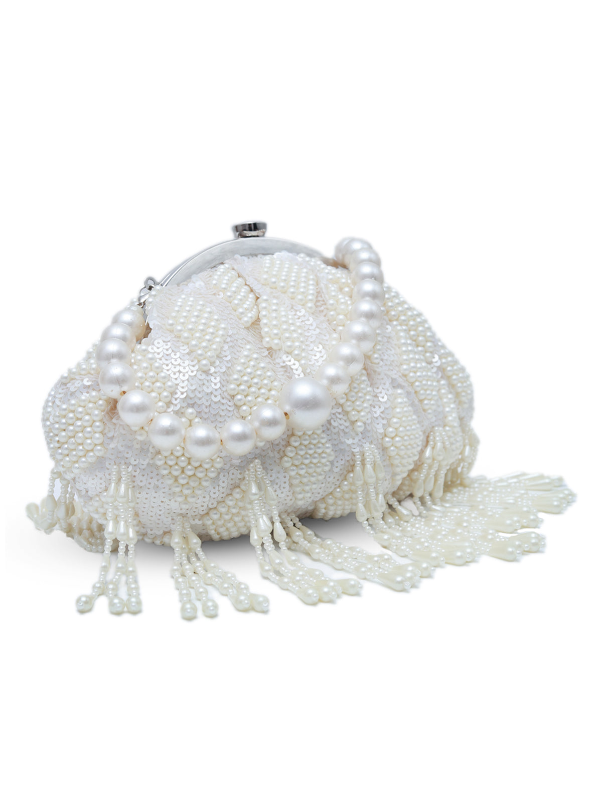 Tara Pearl Tasselled Batua by The Tan Clan featuring pearl embellishments, tassels, and a detachable handle for traditional elegance.