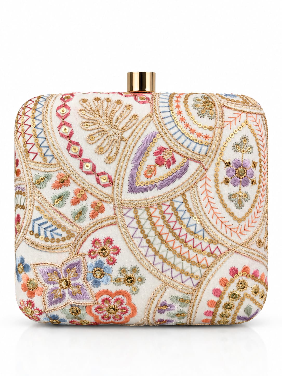 Resham square embroidered clutch bag with intricate designs, featuring vibrant colors and detailed craftsmanship by THE TAN CLAN.
