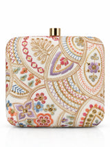 Resham square embroidered clutch bag with intricate designs, featuring vibrant colors and detailed craftsmanship by THE TAN CLAN.