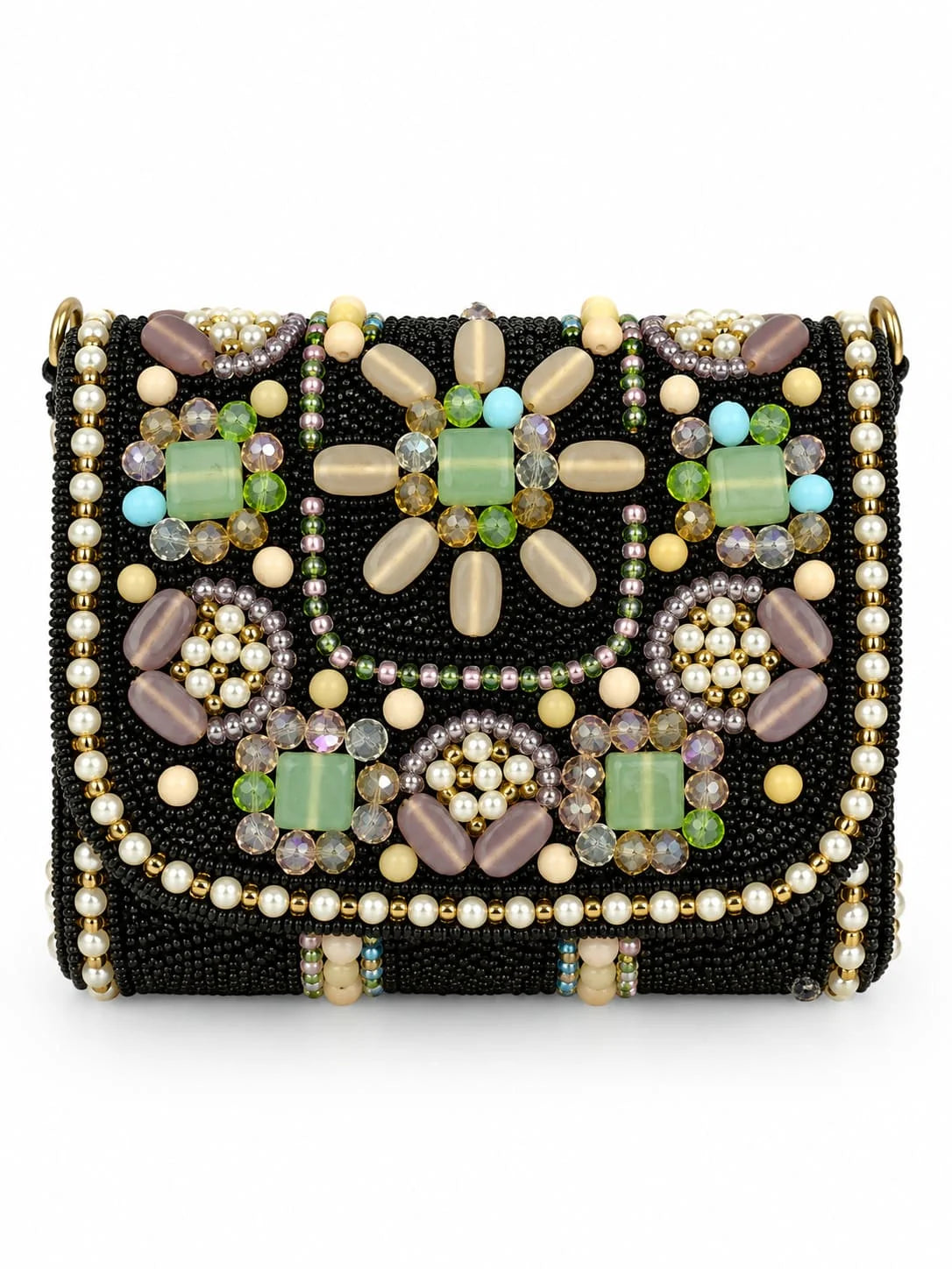 Black leather mini flap bag with intricate hand embroidery, crafted by THE TAN CLAN, featuring a compact design and detailed embroidery.