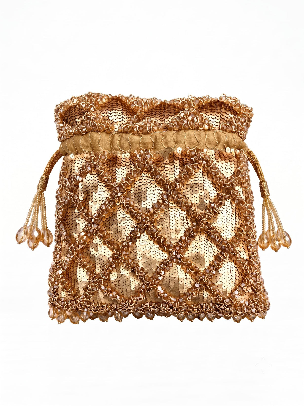 Golden sequined tasselled potli bag by THE TAN CLAN with intricate embellishments and traditional drawstring closure.