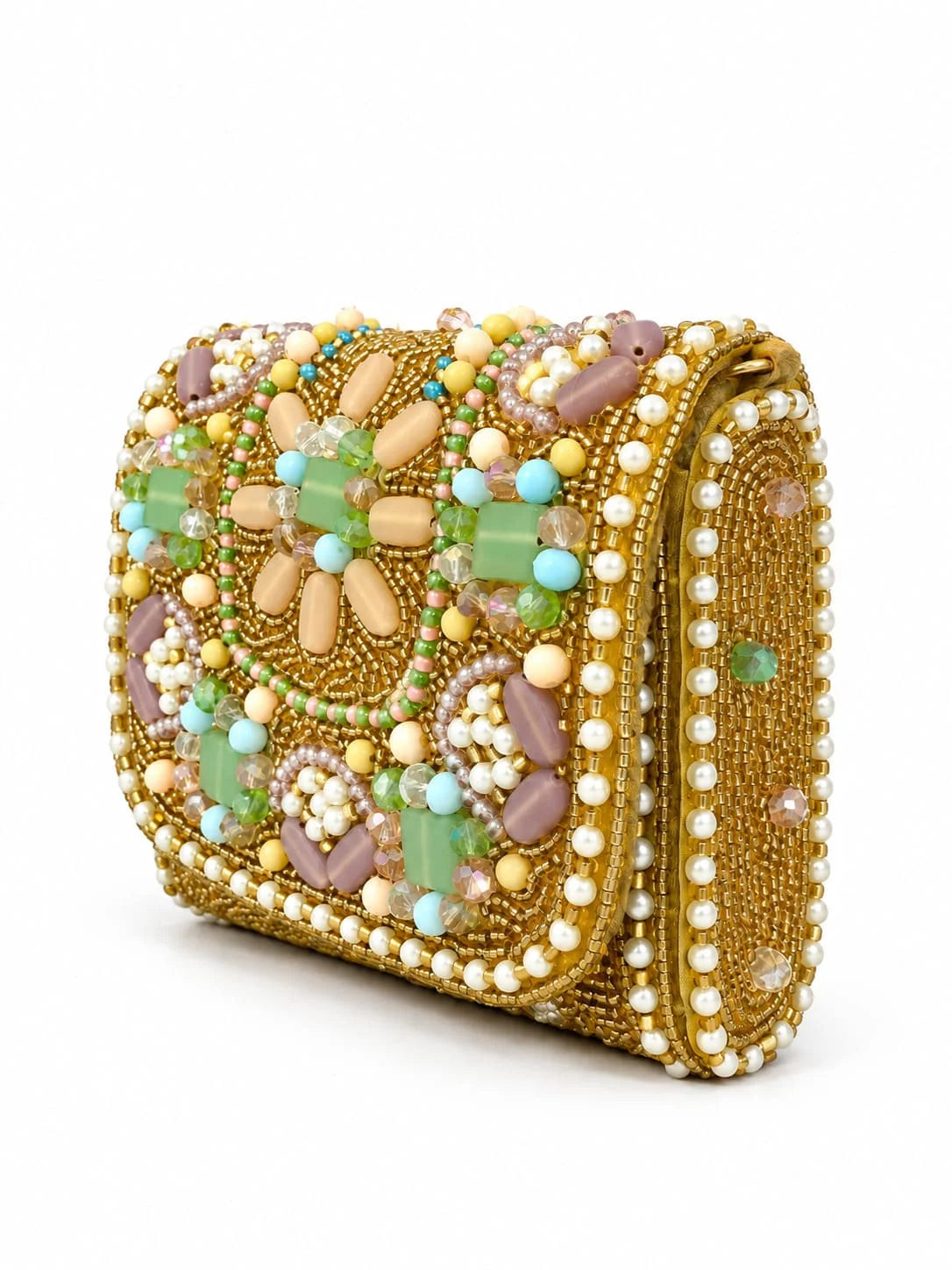 Gold hand-embroidered mini flap bag by THE TAN CLAN featuring intricate embroidery and compact design.