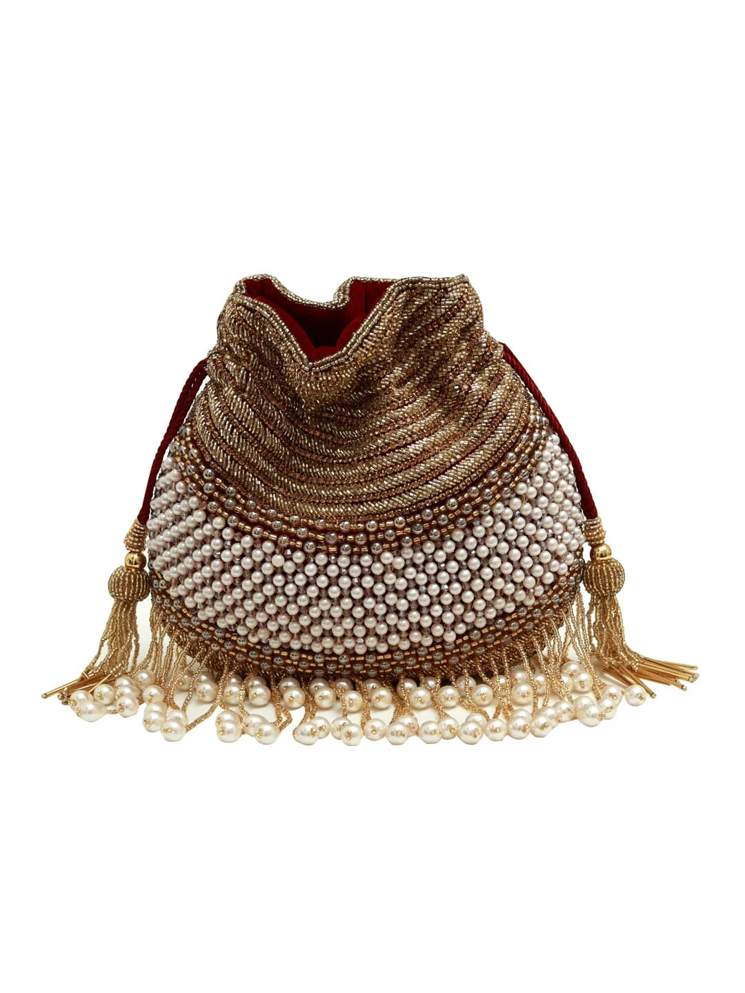 Decorative bag with beaded design and tassels on a white background