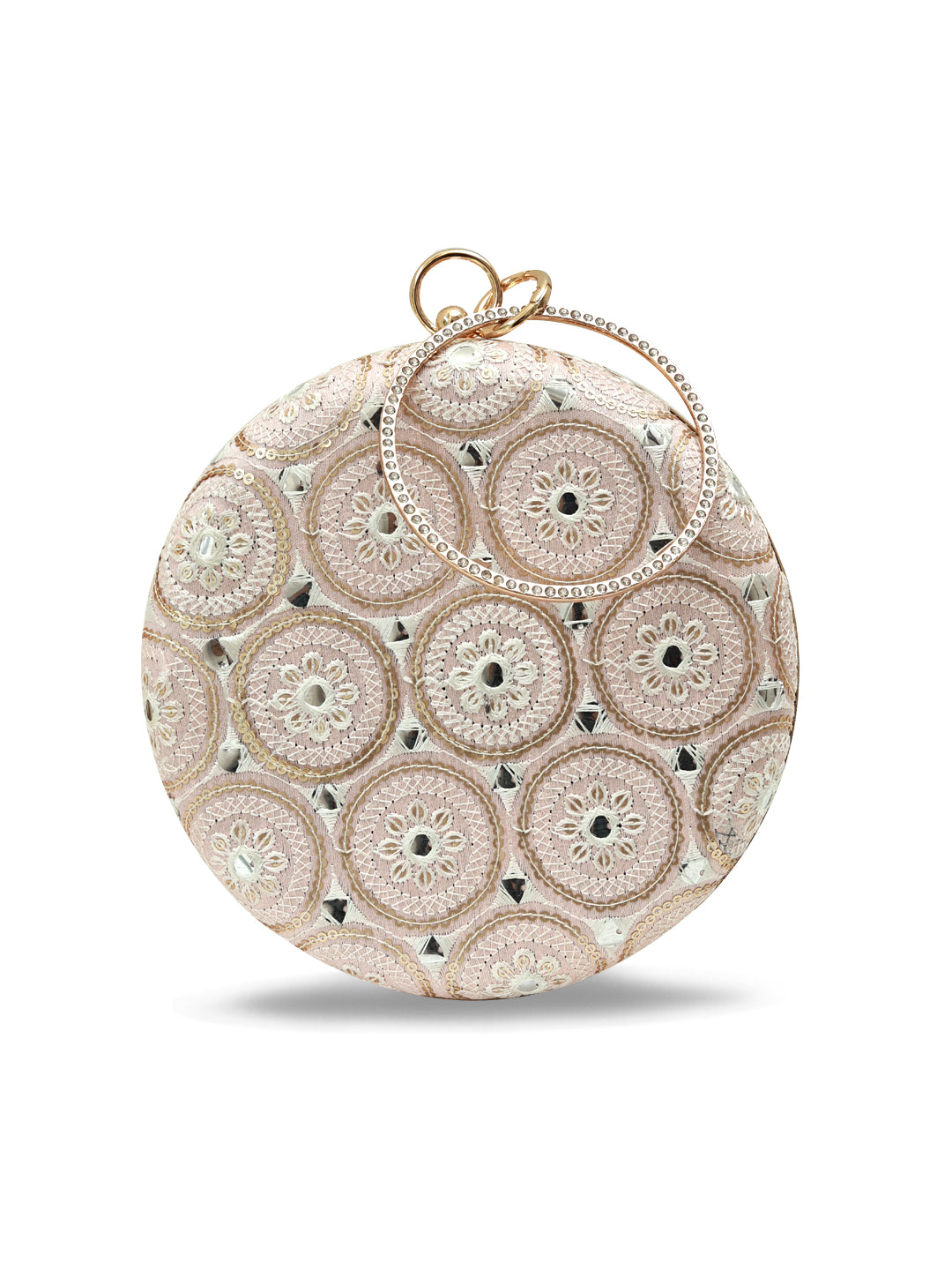 Inaara Peach round clutch bag by The Tan Clan with a smooth, glossy finish and elegant circular shape.