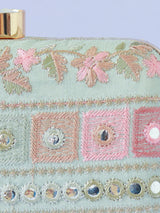 Elegant Phulwaari floral box clutch by The Tan Clan with intricate embroidery and vibrant floral design.