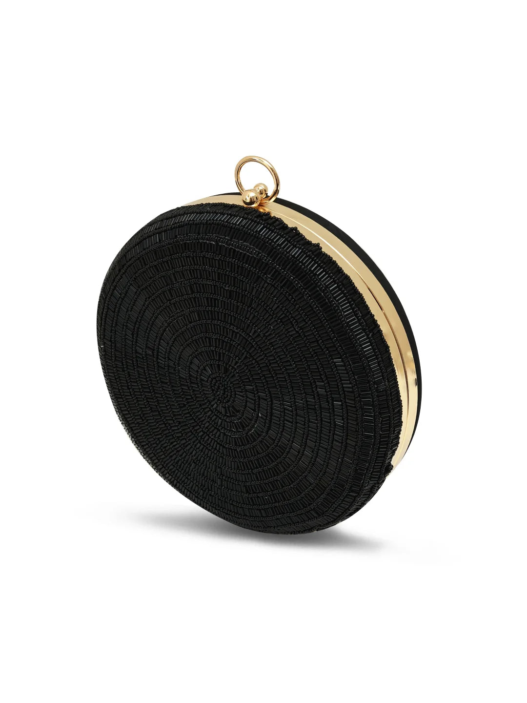 Black round clutch bag with gold accents on a white background