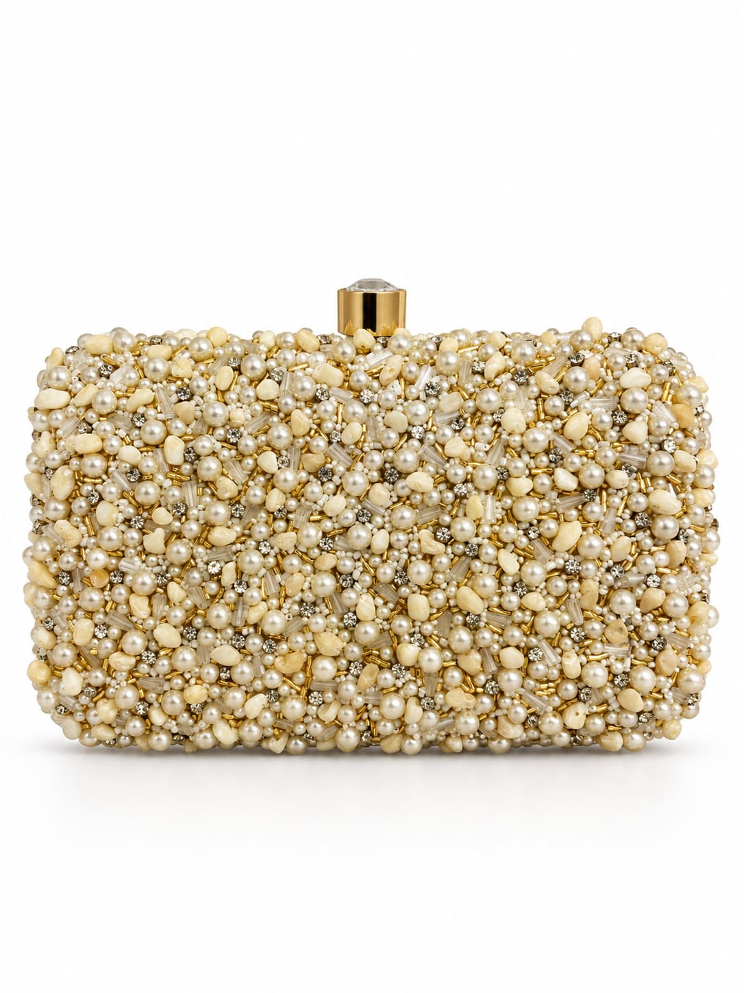 Kate Pearl Box Clutch by THE TAN CLAN showing a stylish pearl-embellished evening bag with a sleek design and metallic clasp.