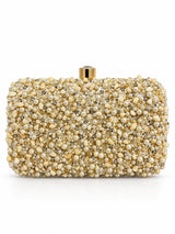 Kate Pearl Box Clutch by THE TAN CLAN showing a stylish pearl-embellished evening bag with a sleek design and metallic clasp.