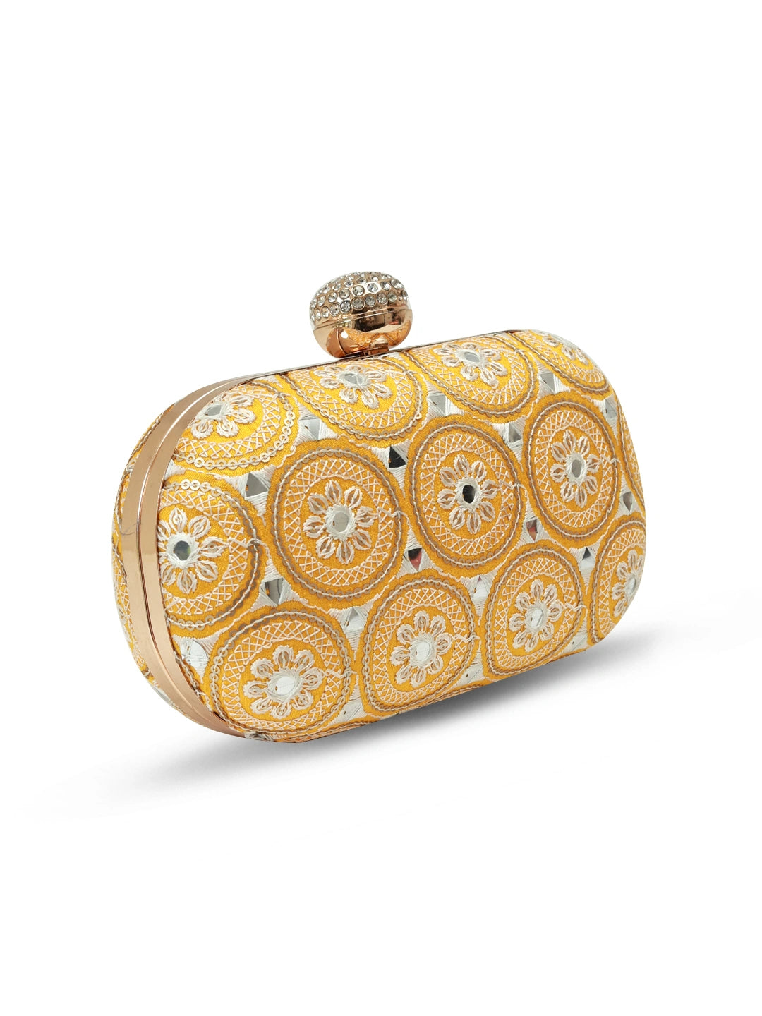 Yellow oval clutch bag by The Tan Clan with a sleek design, featuring a smooth surface and elegant shape.