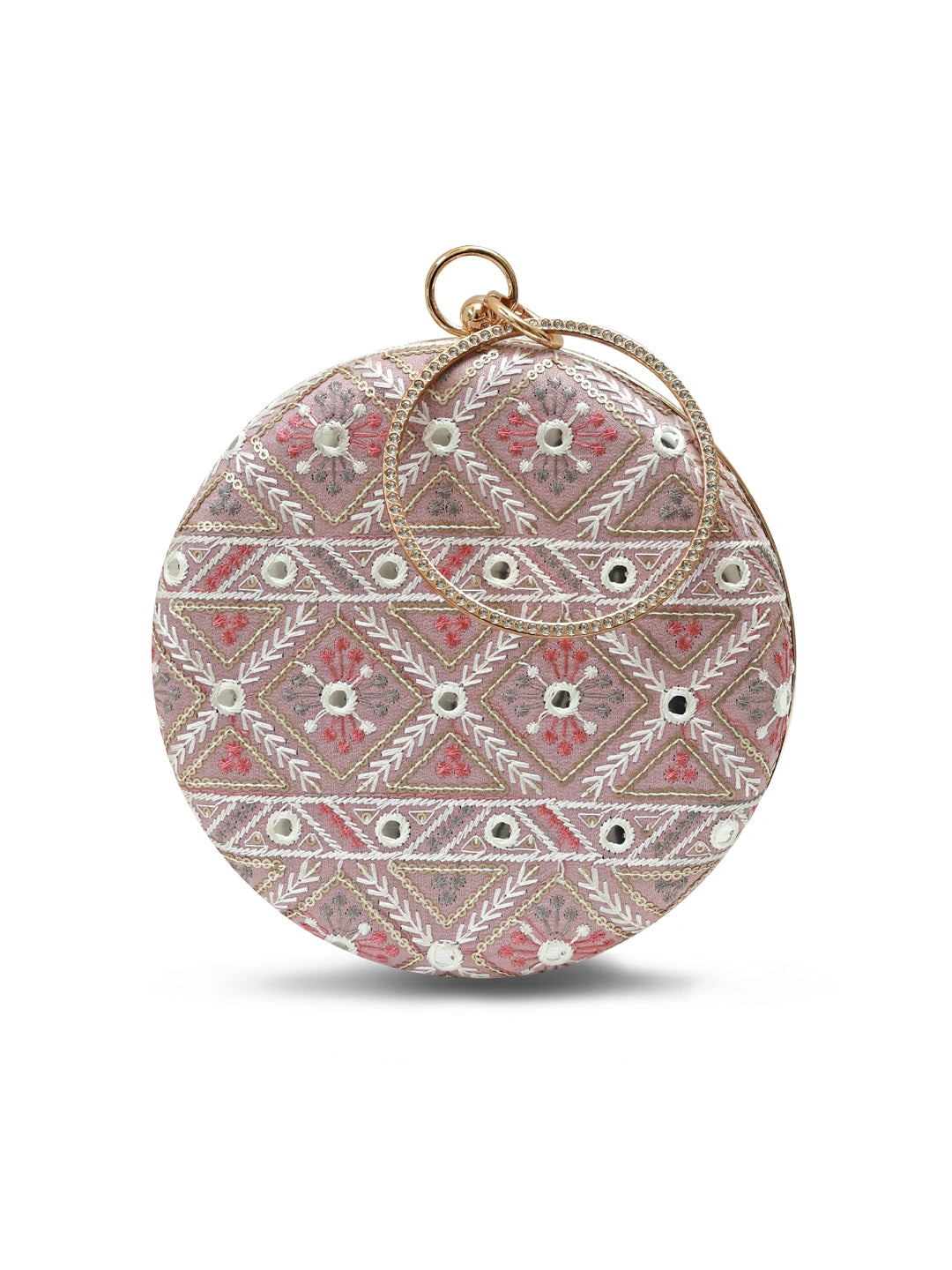 Pink round clutch purse by The Tan Clan with a smooth surface and compact design, perfect for evening or special occasions.