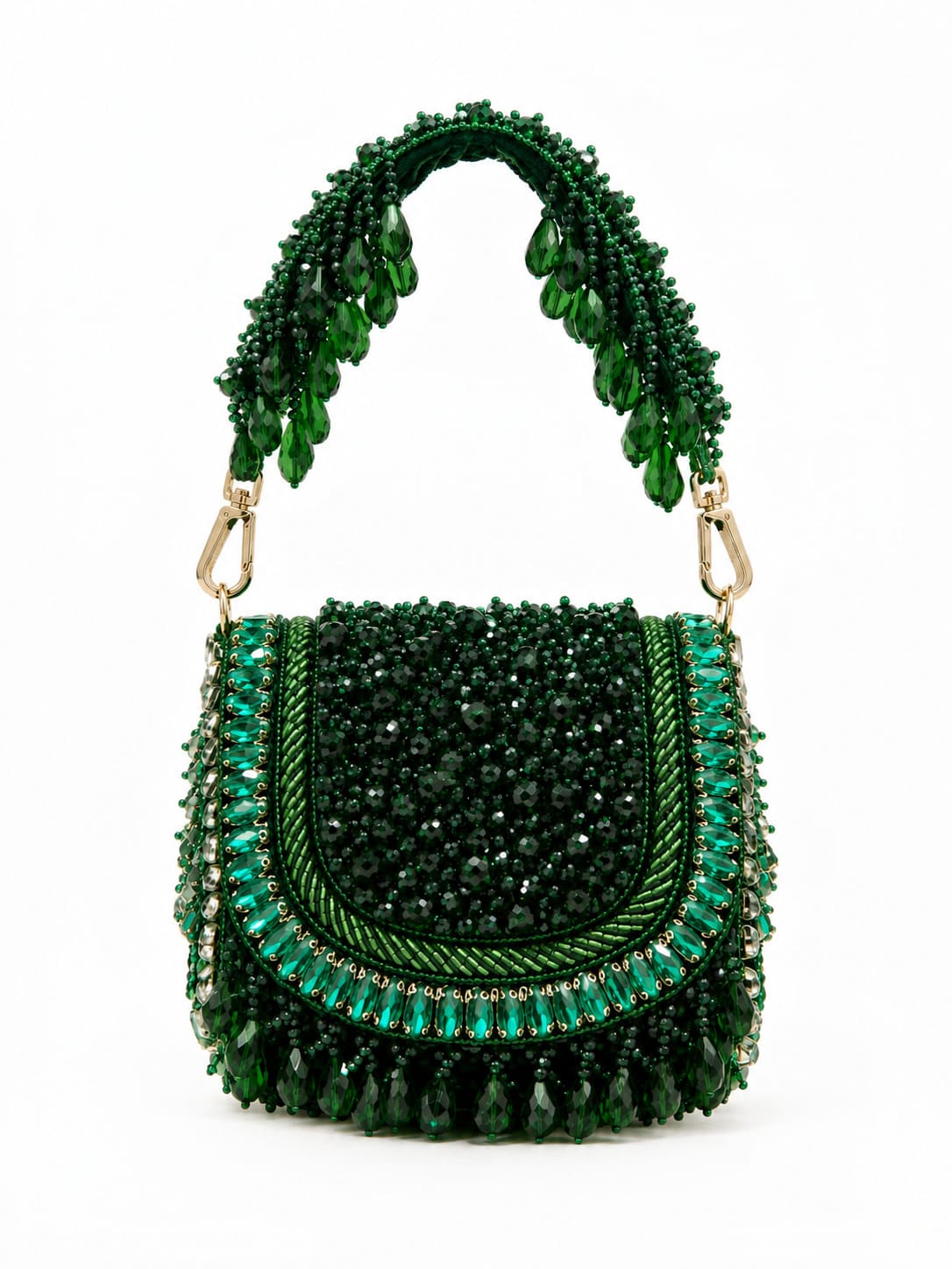 Zeenat green beaded mini flap bag by THE TAN CLAN with intricate beadwork and a compact design.