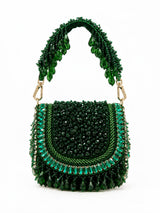 Zeenat green beaded mini flap bag by THE TAN CLAN with intricate beadwork and a compact design.