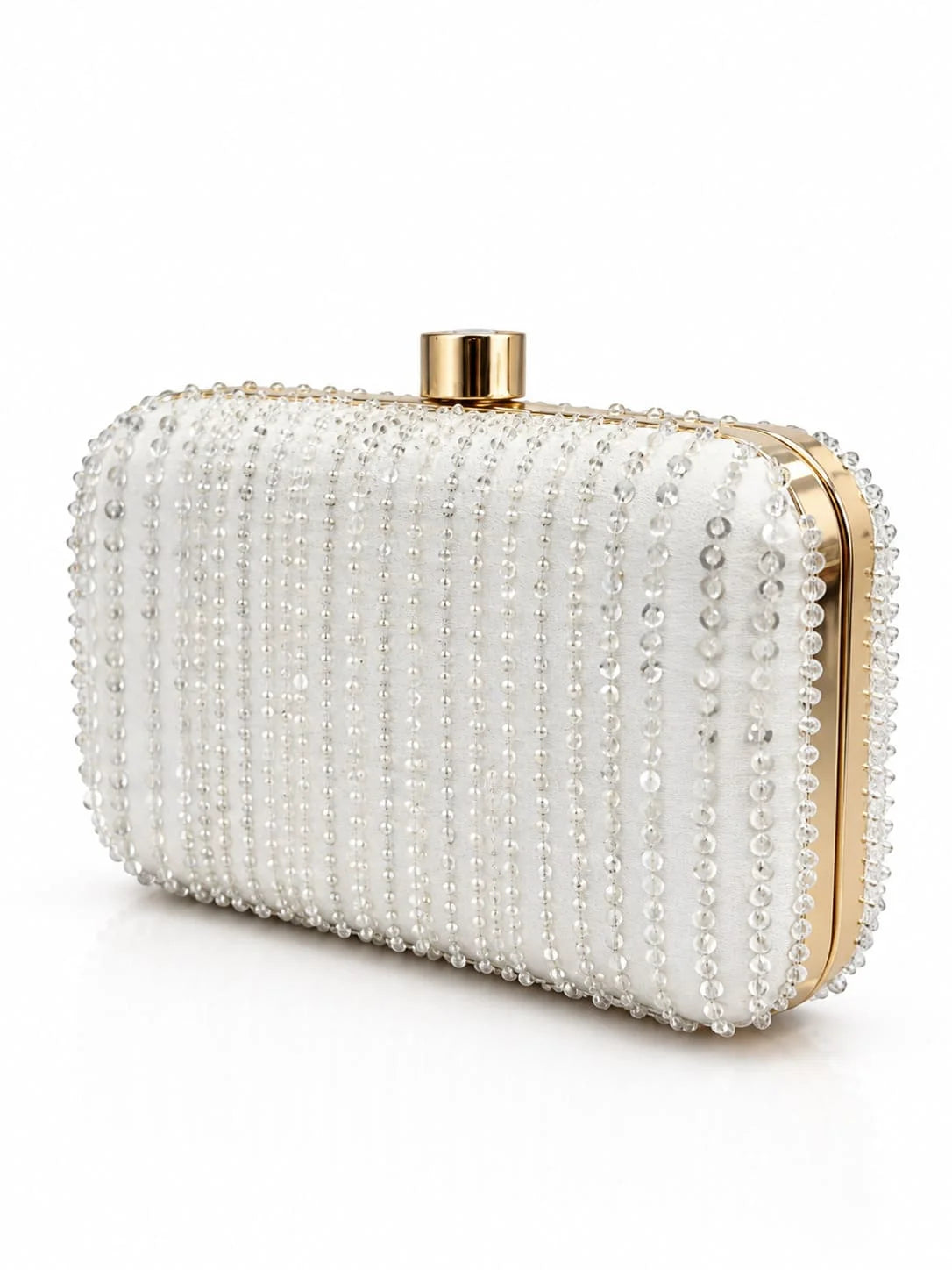 Silver embroidered box clutch by THE TAN CLAN with intricate detailing and a sleek, compact design for elegant evening wear.