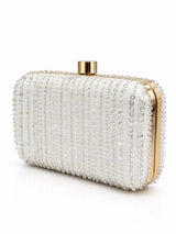Silver embroidered box clutch by THE TAN CLAN with intricate detailing and a sleek, compact design for elegant evening wear.