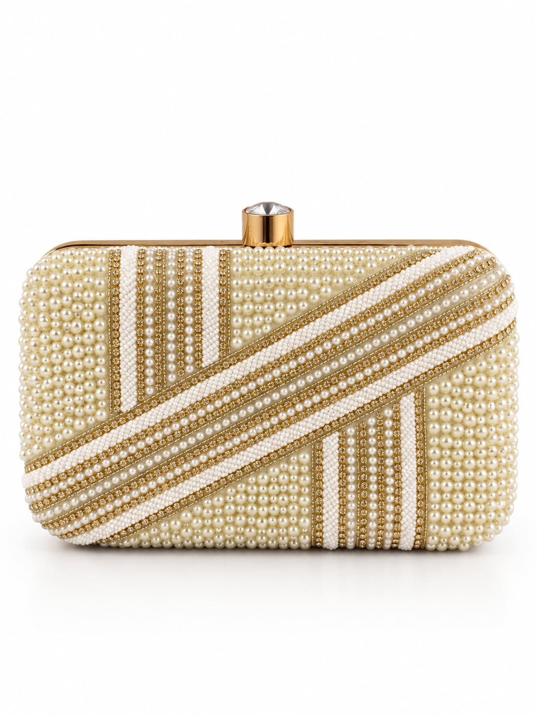 Zara Pearl Box Clutch by THE TAN CLAN featuring a sleek rectangular shape with pearl embellishments and a metallic clasp closure.