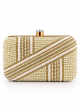 Zara Pearl Box Clutch by THE TAN CLAN featuring a sleek rectangular shape with pearl embellishments and a metallic clasp closure.