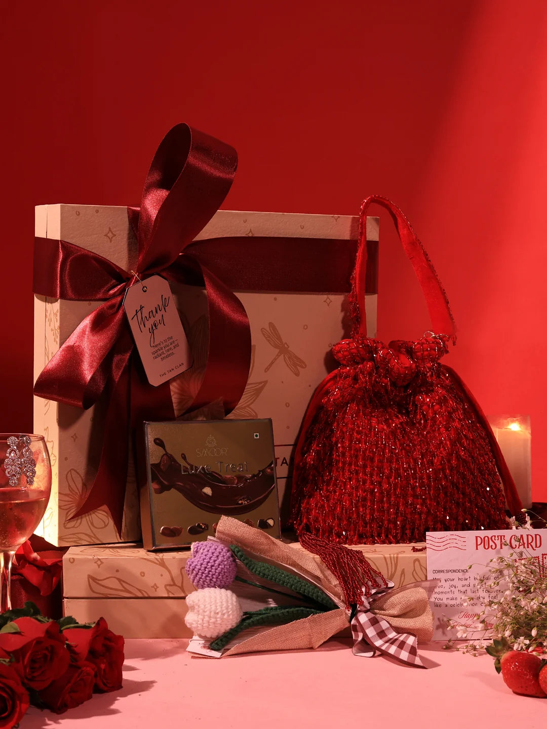 Sweet-Flower Gift Set - Rosa Potli with Flower & Chocolate (Set of 3)