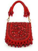 Red beaded mini flap handbag from THE TAN CLAN featuring intricate beadwork and a compact, stylish design.