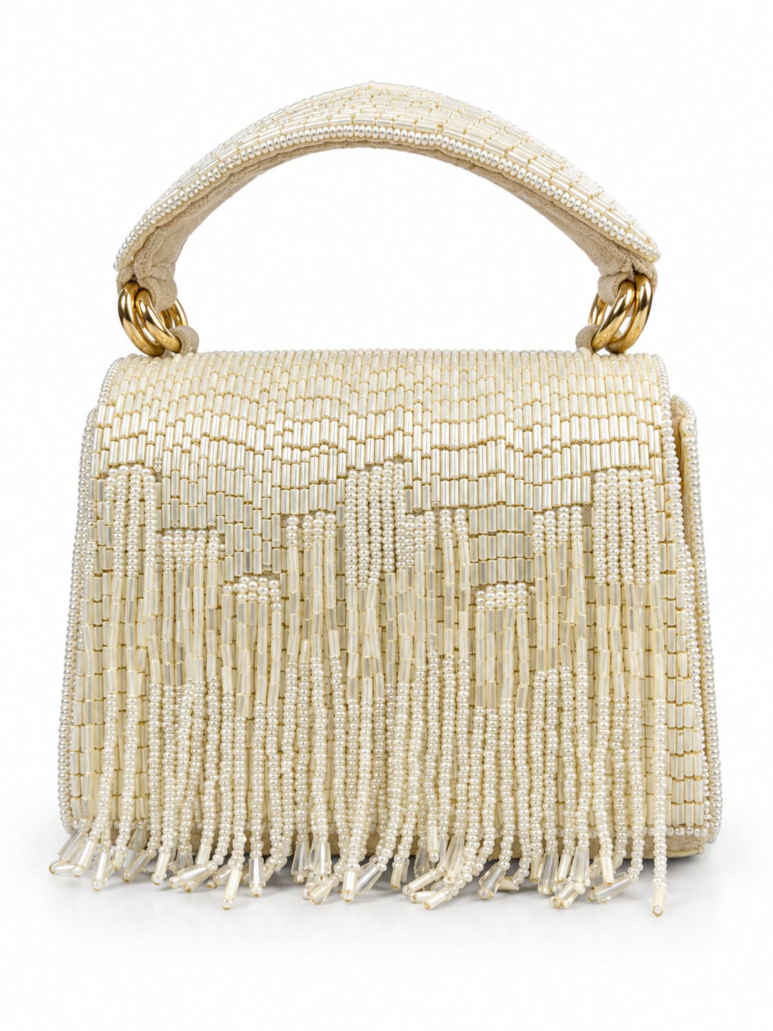 Maria White handcrafted beaded tasselled bag by THE TAN CLAN, featuring intricate beadwork and a stylish tassel detail.