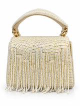 Maria White handcrafted beaded tasselled bag by THE TAN CLAN, featuring intricate beadwork and a stylish tassel detail.
