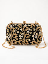 Shehnaaz black embroidered box clutch by THE TAN CLAN with intricate embroidery and sleek design for elegant occasions.
