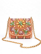 Peach-colored Basra Hand Embroidered Mini Flap bag by THE TAN CLAN with intricate embroidery and compact design