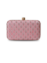 Classic pink box clutch by The Tan Clan, featuring a sleek rectangular design with a polished finish and elegant clasp closure.