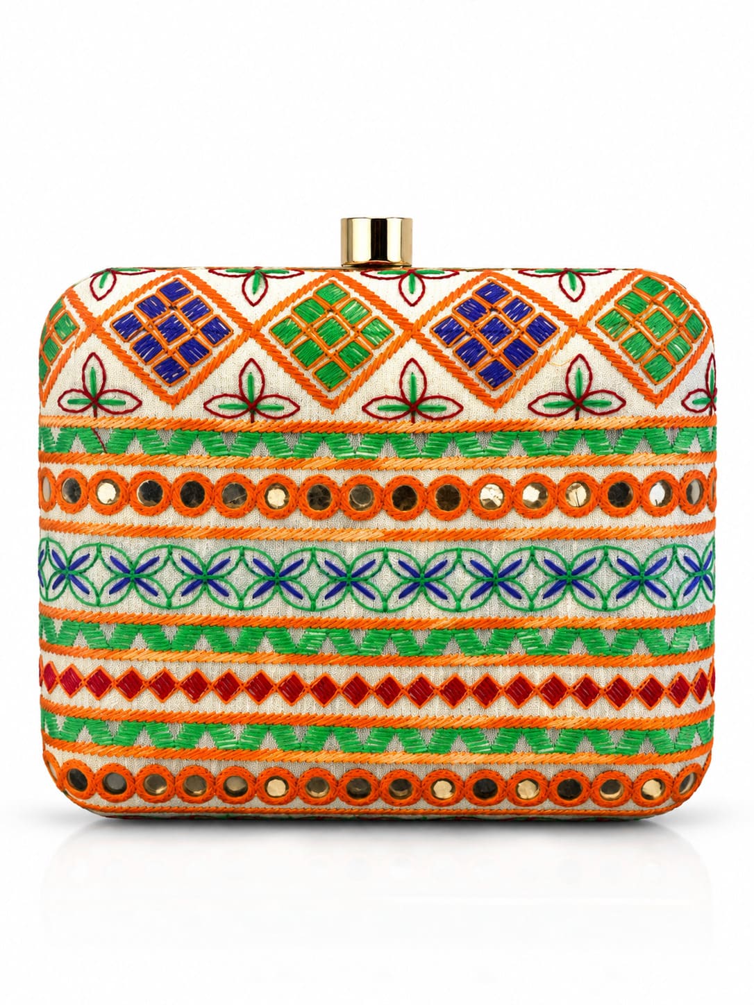 Multicolor square clutch bag by THE TAN CLAN with geometric pattern and compact design.