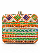 Multicolor square clutch bag by THE TAN CLAN with geometric pattern and compact design.