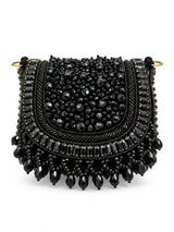 Zeenat Black Beaded Mini Flap Bag by THE TAN CLAN featuring beaded details and a compact, stylish design.